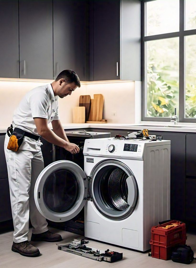 Technician repairing a home appliance